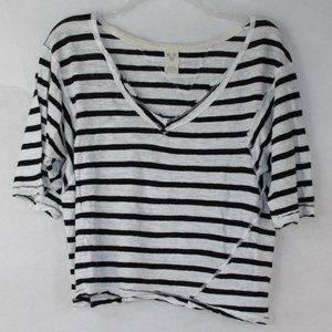 WE THE FREE WOMENS DISTRESSED BLACK WHITE STRIPE SHORT SLEEVE CROP TOP LINEN BLE